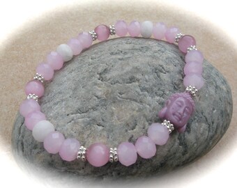 pink and white glass bracelet Buddha, stretch bracelet, boho bracelet