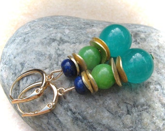 blue turquoise green jade lapis lazuli earrings,gemstone earrings,stone earrings