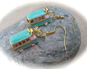 Turquoise Brass Enamel Earrings Bus