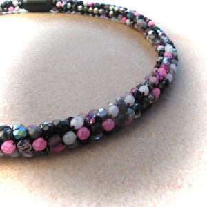 pink-grey-black-pink crochet necklace glitter dream, tube chain, crocheted glass bead necklace, glass necklace, bead necklaces image 2