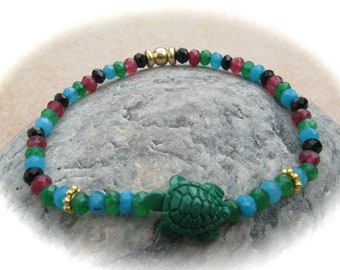 colorful faceted jade bracelet turtle, stretch bracelet, boho bracelet