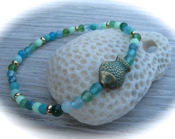 green-turquoise jade agate glass bracelet with patina fish, elastic bracelet, boho bracelet, friendship bracelet, gift