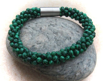 Malachite crochet bracelet, tube bracelet, crochet gemstone bracelet, beaded bracelet, glass bracelet