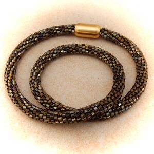 Crochet necklace dark bronze, tube necklace, crocheted necklace, glass necklace, pearl necklace image 7