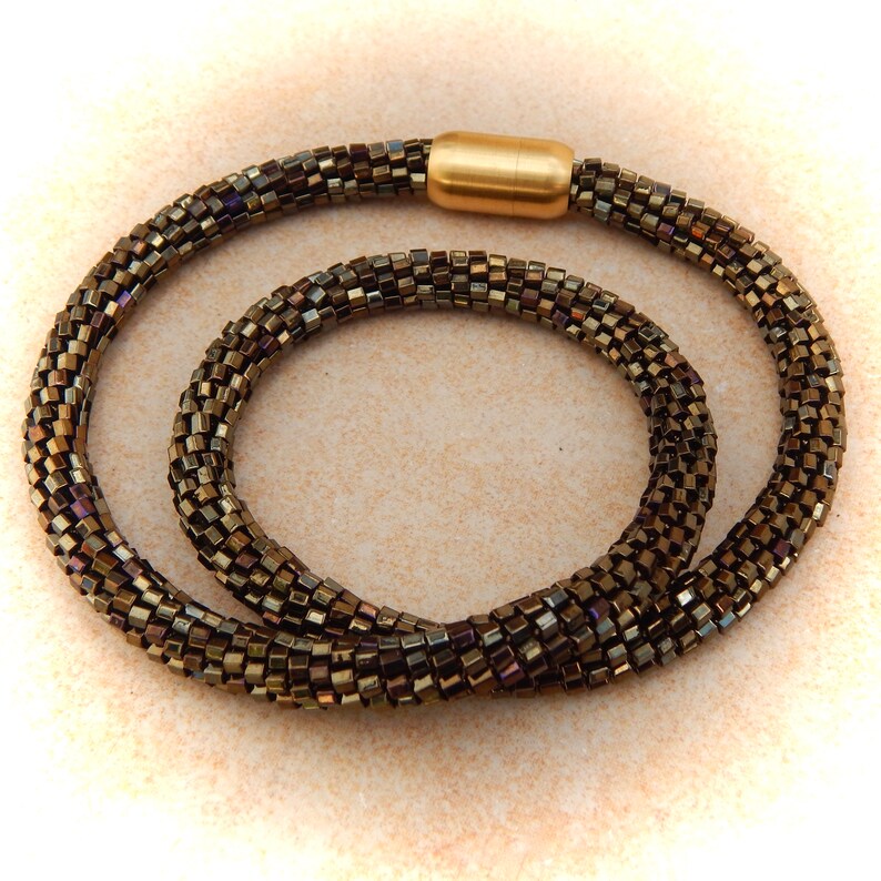 Crochet necklace dark bronze, tube necklace, crocheted necklace, glass necklace, pearl necklace image 7