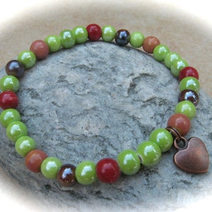 brown-green ceramic bracelet heart, elastic bracelet, boho bracelet, friendship bracelet, rubber bracelet
