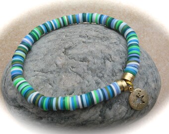 gold-white-turquoise-green-blue heishi bracelet, stretch bracelet, surfer bracelet, polymer clay bracelet, boho bracelet, friendship bracelet