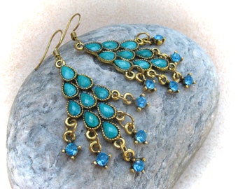 long turquoise-gold glass earrings
