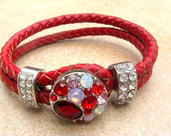 rött tryckknappsarmband/utbytbart armband/läder