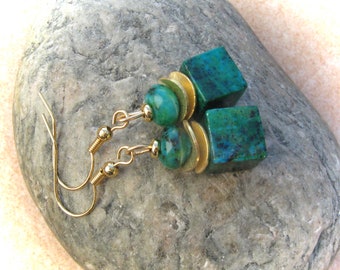 Turquoise-green-petrol-colored chrysocolla earrings cubes