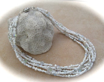 six-row white glass chain, multi-row chain, glass bead necklace, bridal muck, wedding