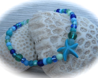 blue-green-turquoise glass agate jade bracelet starfish,rubber bracelet,boho bracelet,friendship bracelet