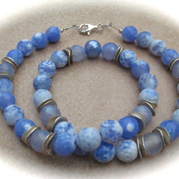 gefacetteerde blauw-witte agaat ketting, edelsteen ketting, edelsteen sieraden