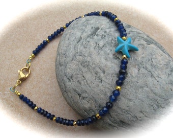 dark blue-turquoise-gold agate-turquoise-howlite anklet starfish, foot jewelry, gemstone necklaces