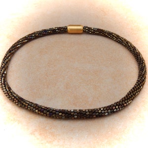 Crochet necklace dark bronze, tube necklace, crocheted necklace, glass necklace, pearl necklace image 3
