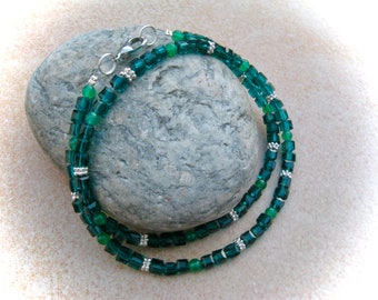 delicate faceted emerald green glass cube necklace with jade beads, gemstone necklace, gemstone jewelry