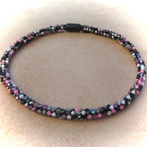 pink-grey-black-pink crochet necklace glitter dream, tube chain, crocheted glass bead necklace, glass necklace, bead necklaces image 3