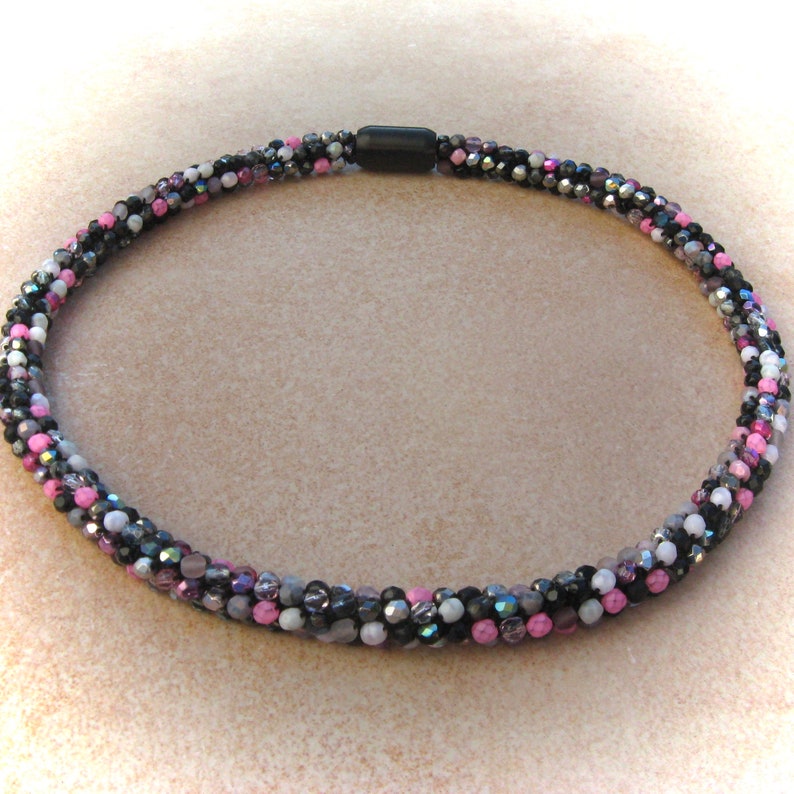 pink-grey-black-pink crochet necklace glitter dream, tube chain, crocheted glass bead necklace, glass necklace, bead necklaces image 3