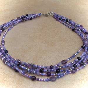 six-row purple-silver glass amethyst necklace, multi-row necklace, glass pearl necklace