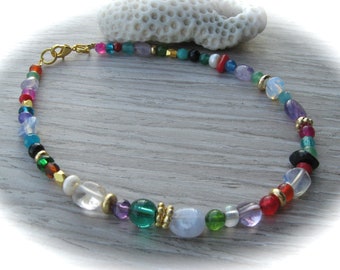 colorful gold-colored gemstone mix glass anklet, foot jewelry, gemstone footlaces