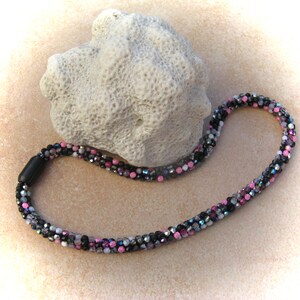 pink-grey-black-pink crochet necklace glitter dream, tube chain, crocheted glass bead necklace, glass necklace, bead necklaces image 4