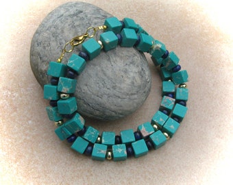collana "cubo" di diaspro-lapislazzuli turchese-verde, collana di pietre preziose, gioielli con pietre preziose