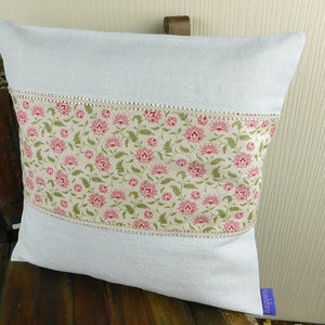 Cushion cover of pink flowers fabric old peasant linen and ornamental bristle image 1