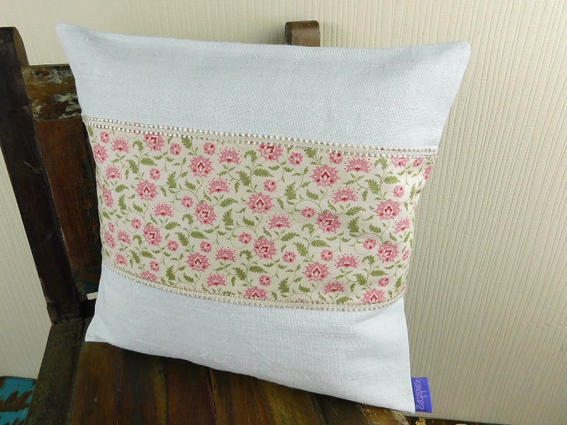 Cushion cover of pink flowers fabric old peasant linen and ornamental bristle image 1