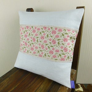 Cushion cover of pink flowers fabric old peasant linen and ornamental bristle image 3