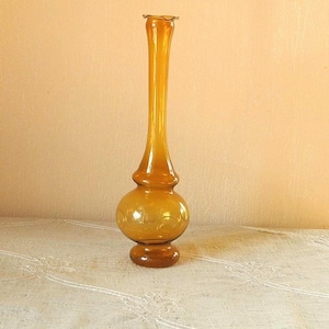 Amber-colored vintage glass vase, mouth-blown, Lauscha, GDR #1878293362