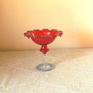 Könnte beinhalten: Eine leuchtend rote Glasschale mit gerüschtem Rand. Die Schale hat einen Stiel aus klarem Glas und einen hellblauen kreisförmigen Sockel. Dieses dekorative Stück wird wahrscheinlich zum Servieren von Desserts oder zum Präsentieren kleiner Gegenstände verwendet.