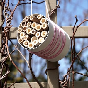 May include: A cylindrical bee house made of white plastic, wrapped with pink twine, and filled with bamboo tubes. The bee house is suspended by white cords and is surrounded by brown branches and a wooden fence.