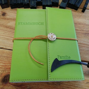 Familieboek appelleer, veganistisch, *appelgroen - handgemaakt, individueel familieboek, bruiloft, huwelijksceremonie, burgerlijke stand, geboorte