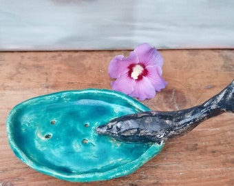 SALES* Soap dish ceramic turquoise with dolphin bathroom soap