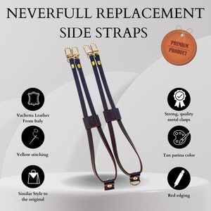 May include: Dark brown leather side straps with gold-tone hardware. The straps are labeled "NEVERFULL REPLACEMENT SIDE STRAPS" and feature yellow stitching, red edging, and tan patina color. The image also includes text about the leather and clasps.