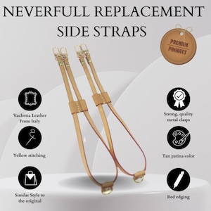 TAN Neverfull Side straps Patina Vachetta / Veg Tanned Leather for MM & GM , with red edging and yellow stitching