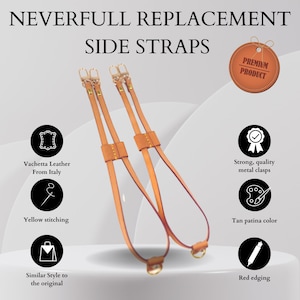Neverfull Side straps Tan Patina Vachetta / Veg Tanned Leather for MM & GM , with red edging and yellow stitching