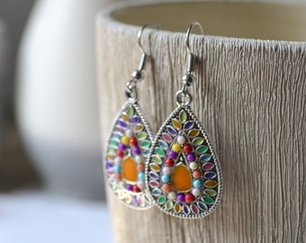 Pretty enamelled earrings in drop shape colorful