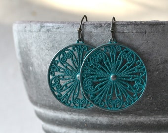 Round filigree earrings antique silver with green patina