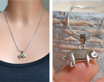 Small pig, necklace, pendant, silver snake necklace