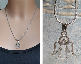 Angel necklace, small pendant, silver snake necklace