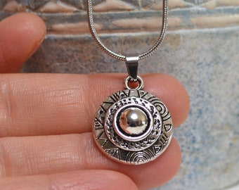 Necklace, round pendant with ornaments, coin shape, snake necklace, silver