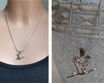 Flying goose, necklace, pendant, silver snake chain