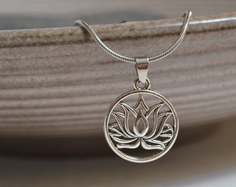 Filigree necklace with lotus flower, pendant, yoga symbol, antique silver, snake necklace 45 cm long