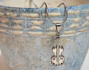 Necklace with violin, violin, musical instrument, silver snake necklace