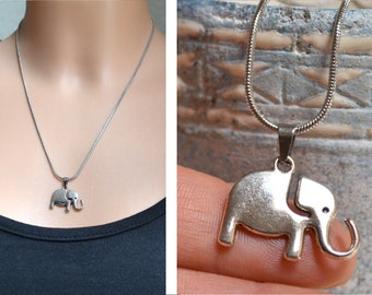 Necklace with small elephant pendant, silver snake necklace