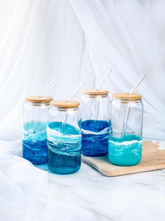 Ocean Resin Glass Tumbler | Resin Waves | Functional Art | Ocean Drinkware | Bamboo Lid | Glass Straw