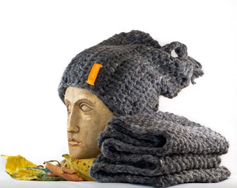 Crochet set: Loop+hat grey-mottled