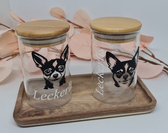 Leckerli Glas, Leckerlibox, Vorratsglas mit Bambusdeckel Chihuahua