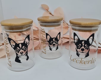 Leckerli Glas, Leckerlibox, Vorratsglas mit Bambusdeckel Chihuahua